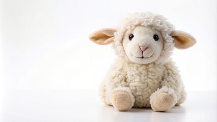 Fototapeta premium Cute sheep toy sitting on a white background seen from above, soft, playful, innocent, fluffy, woolly, children's toy, innocence, innocence, white, innocence, adorable, plaything