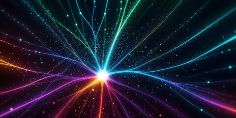 Obraz premium A neuron-like structure made of glowing neon lines in rainbow colors, connected at a single bright dot