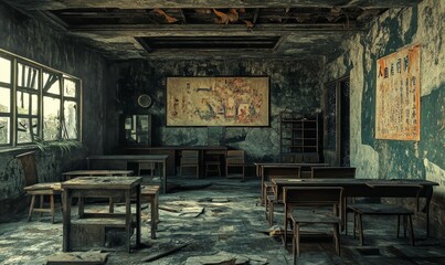 Abandoned classroom, desks and chairs, dusty, dark.