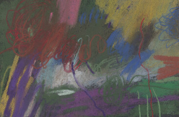 Naklejka premium Abstract art texture. Pastel drawing for banner ads, poster design, cover album. Abstract crayon graphics on paper background. Expressive bright strokes and colorful spots. Artwork wallpaper.