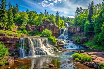 Fototapeta premium In summer, Gooseberry Falls State Park boasts stunning waterfalls enveloped by rich, lush greenery, offering an