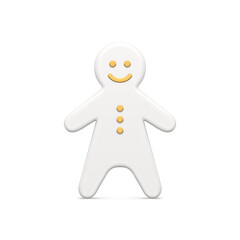 Smiling white glossy gingerbread man decorated by golden premium design elements realistic Christmas bauble vector illustration. Cute traditional Xmas toy funny character winter holiday celebration
