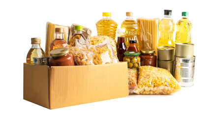 Foodstuff for donation, storage and delivery. Various food, pasta, cooking oil and canned food in...