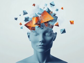A surreal depiction of a head with geometric shapes exploding from it, symbolizing creativity, thought, and intellectual potential.