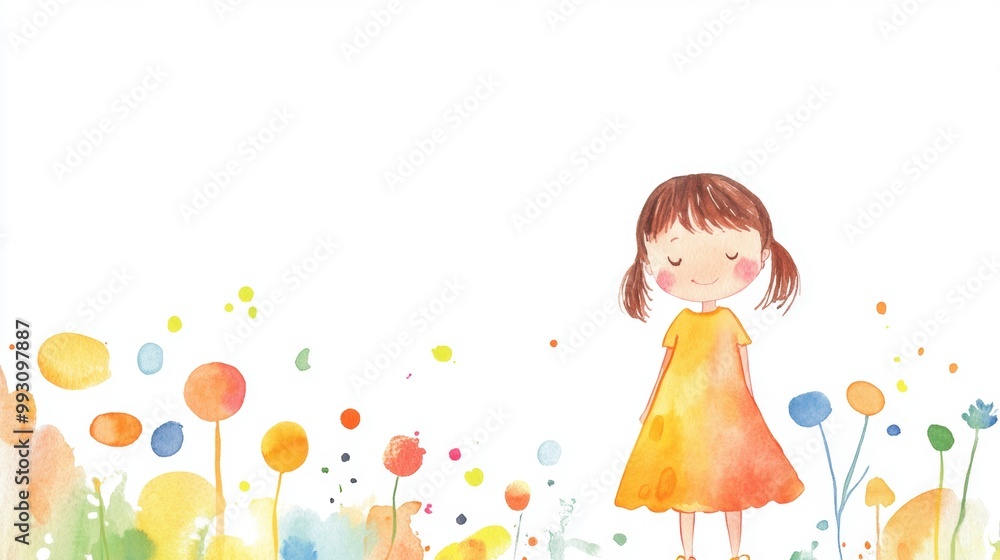 Wall mural little girl watercolor.