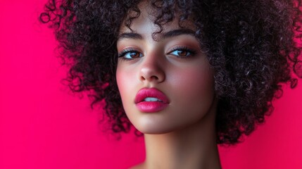 Fototapeta premium A woman with curly hair and a red background