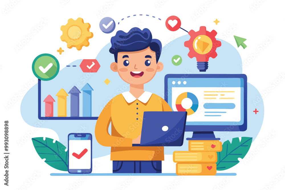 Poster a cartoon character is happily working on a laptop while surrounded by colorful charts and data grap