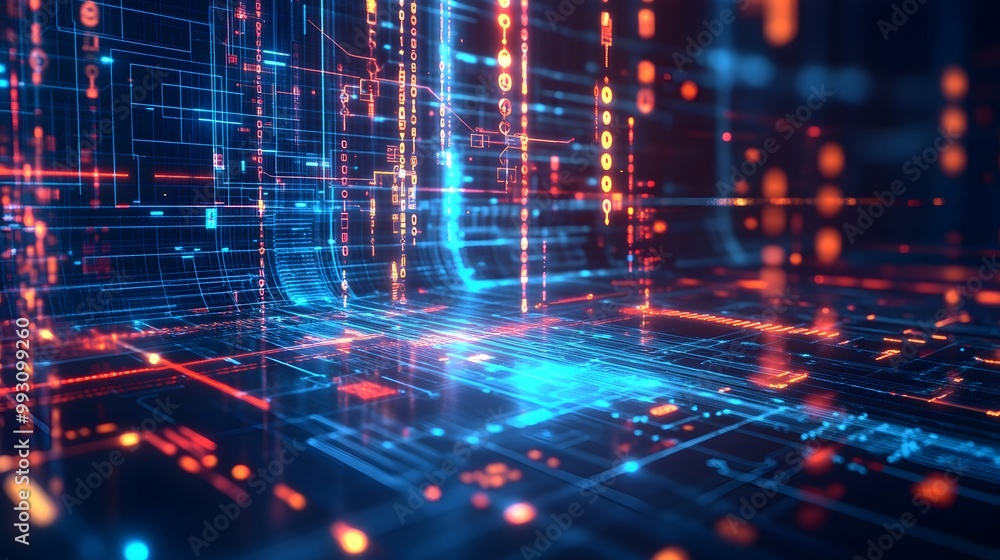 Poster abstract digital network with glowing lines and data streams