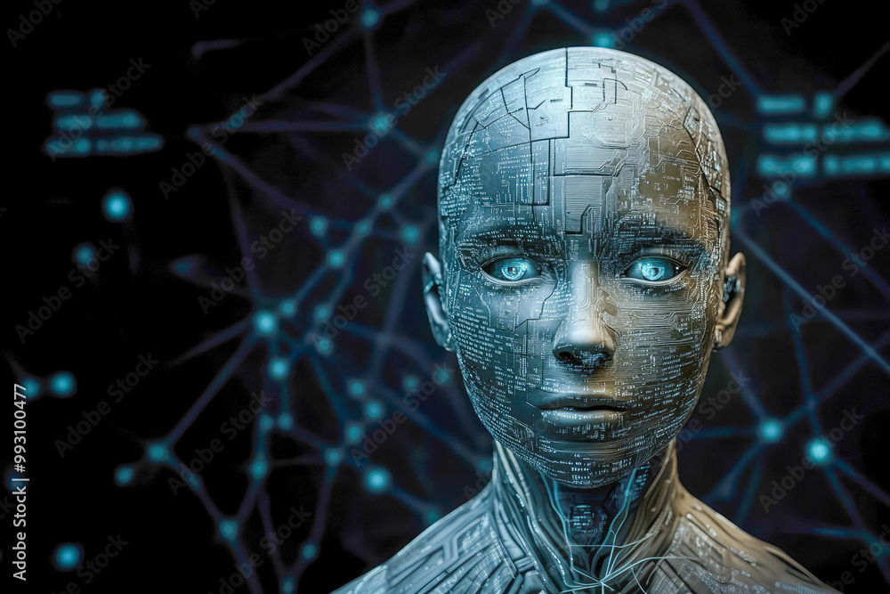 Poster digital artwork featuring a futuristic robot with blue lights and circuit patterns, representing tec
