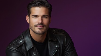 Obraz premium A man with a beard and a black leather jacket is smiling
