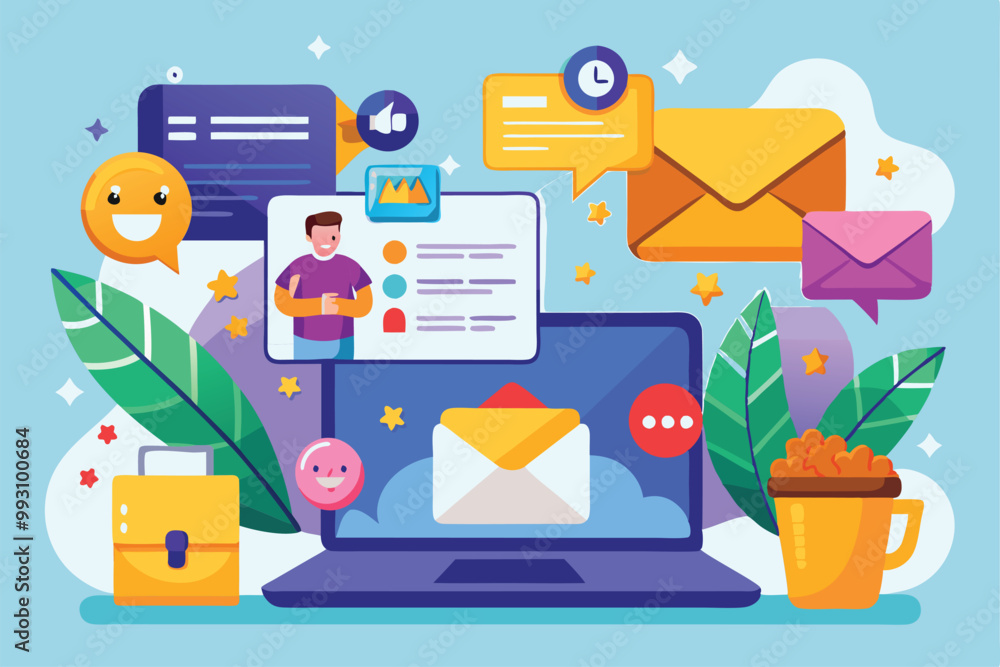 Poster a vibrant display features a laptop surrounded by cartoon messages, icons, and envelopes enhancing y