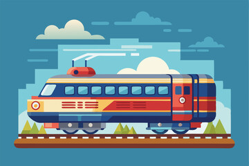 A vintage train moves along tracks, surrounded by stylized clouds and mountains in a cheerful landscape, Customize your flat illustration of a train.