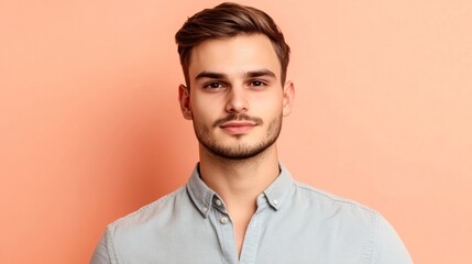 Fototapeta premium A man with a beard and a blue shirt is smiling at the camera