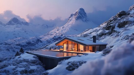 Fototapeta premium Cozy mountain retreat in a snowy landscape with panoramic views of snow-capped peaks