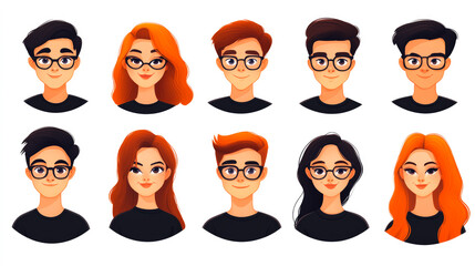 A stylish array of cartoon avatars featuring trendy glasses and hair, showcasing modern fashion and personality.