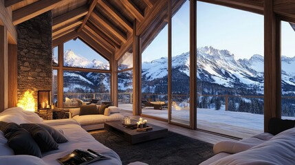 Fototapeta premium Cozy mountain retreat in a snowy landscape with panoramic views of snow-capped peaks