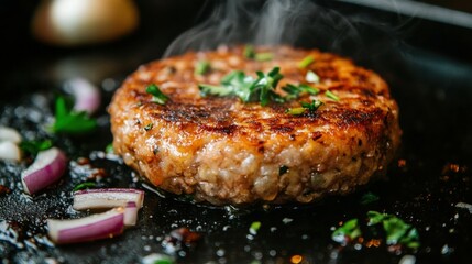 Delicate Onion Wisps Over a Savory Patty