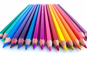A vibrant row of colored pencils arranged in an orderly fashion on a white background, showcasing a spectrum of colors.