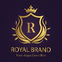  Letter R golden crown logo vector illustration.
