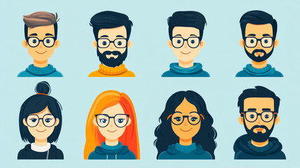 A group of eight cartoon avatars with various hairstyles and clothing colors displayed on a light blue background. For creative use.