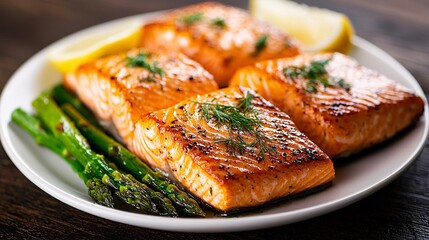 Grilled Salmon with Asparagus and Lemon.