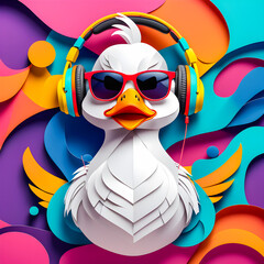 illustration of paper art duck with headphones and sunglasses on the abstract background.