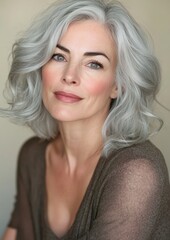 Naklejka premium A woman with gray hair and a short haircut is smiling for the camera