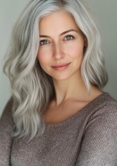 Naklejka premium A woman with long gray hair is smiling for the camera