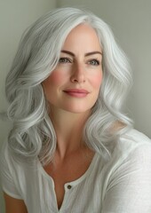 Naklejka premium A woman with long gray hair is smiling and wearing a white shirt
