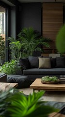 Dark grey sofa with a lush indoor garden and wooden décor, creating a tranquil and eco-friendly living room design.