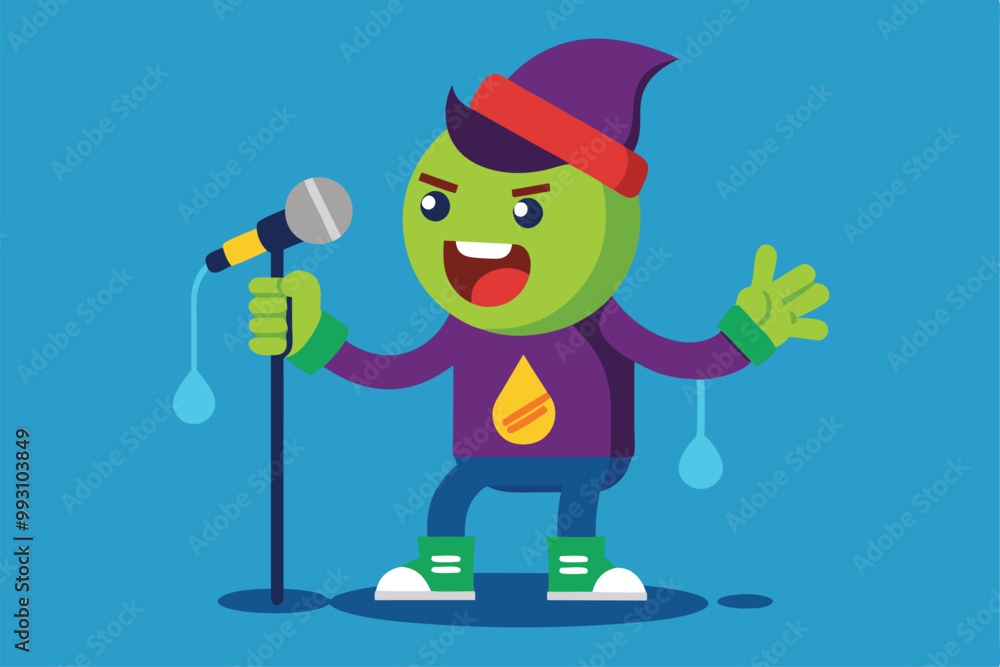 Poster a cheerful cartoon character with a microphone is singing energetically in a colorful setting, custo