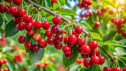 The cherry tree stands magnificent, adorned with vibrant red fruits that dangle among lush green leaves, painting a