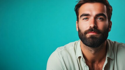 Obraz premium A man with a beard and a white shirt is smiling at the camera