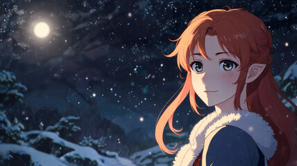 portrait of a cute anime girl with redheads hair against the backdrop of a snowy street. High quality photo