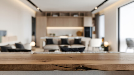 Empty table with abstract blurred background. blur living room. for product display.