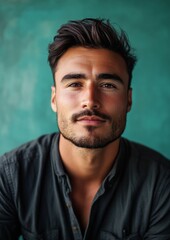 Fototapeta premium A man with a beard and mustache is smiling for the camera