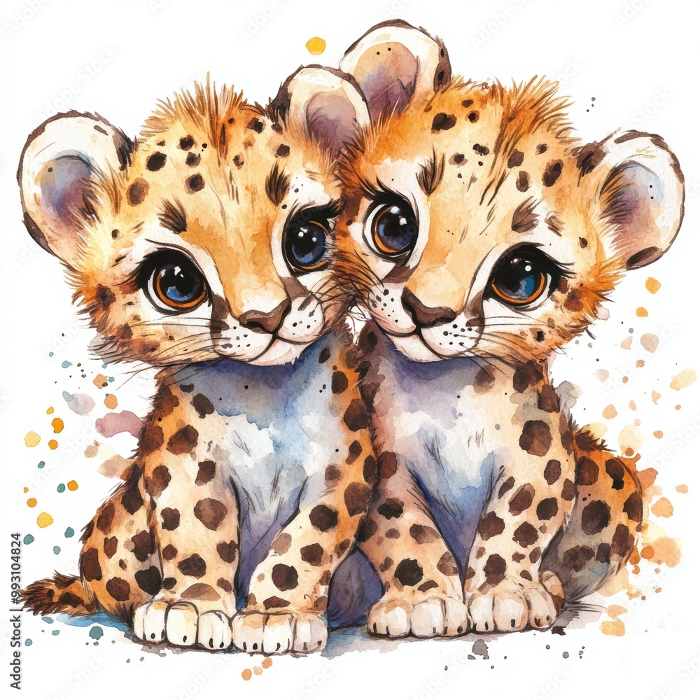 Sticker cheetah cubs watercolor.