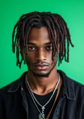 Fototapeta premium A man with dreadlocks and a beard is wearing a black shirt and a necklace