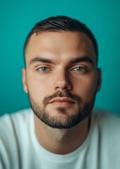 Fototapeta premium A man with a beard and a shaved head is looking at the camera