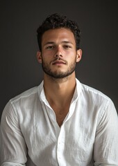 Fototapeta premium A man with a beard and a white shirt is sitting in front of a dark background