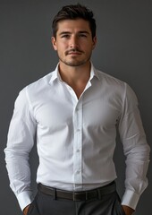 Obraz premium A man in a white shirt and gray pants is standing in front of a gray wall