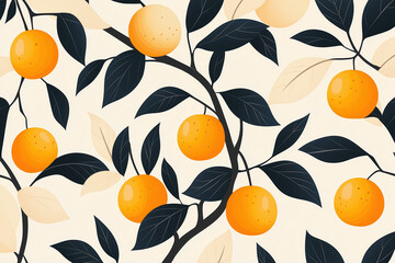 Seamless pattern of orange fruit on branches with dark green leaves in a stylized design