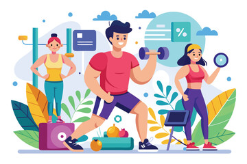 Individuals engage in customized workouts with informative cartoon illustrations promoting fitness and health, Customized workouts with personalized cartoon illustrations.