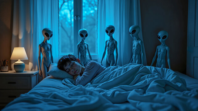 Young boy sleeps peacefully unaware of alien visitors standing by his bed.