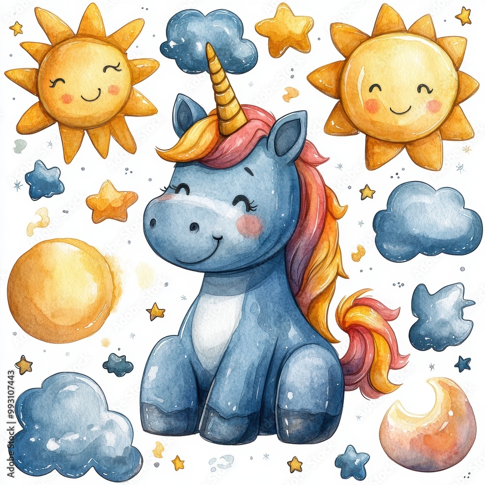 Wall mural cute unicorn watercolor.