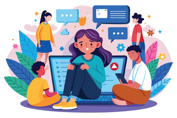 A young girl sits alone, feeling upset by negative messages while using her laptop at home, Cyber bullying illustration, customizable and flat.