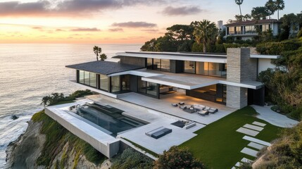 Fototapeta premium Elegant coastal home with a modern design, situated on a cliff with sweeping ocean views