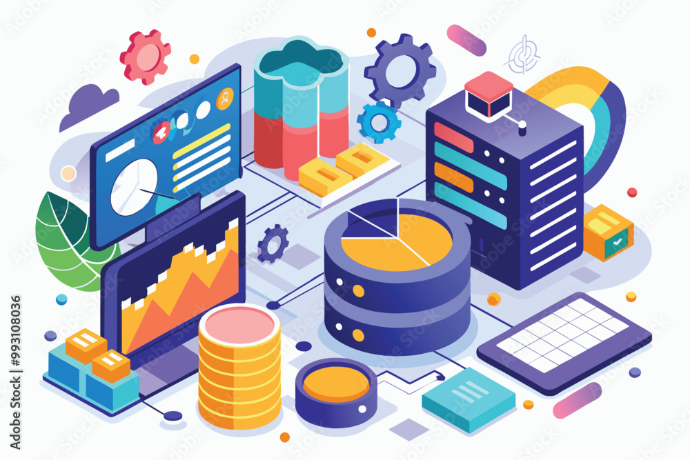 Poster this illustration depicts various data analysis tools, charts, and database elements in a colorful l