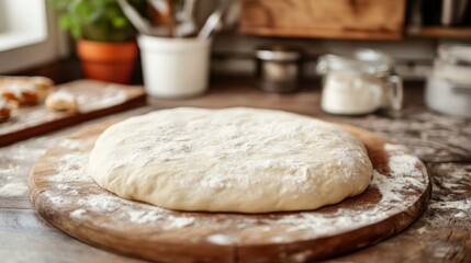 Fototapeta premium Perfectly Round Pizza Dough on Flour-Dusted Surface