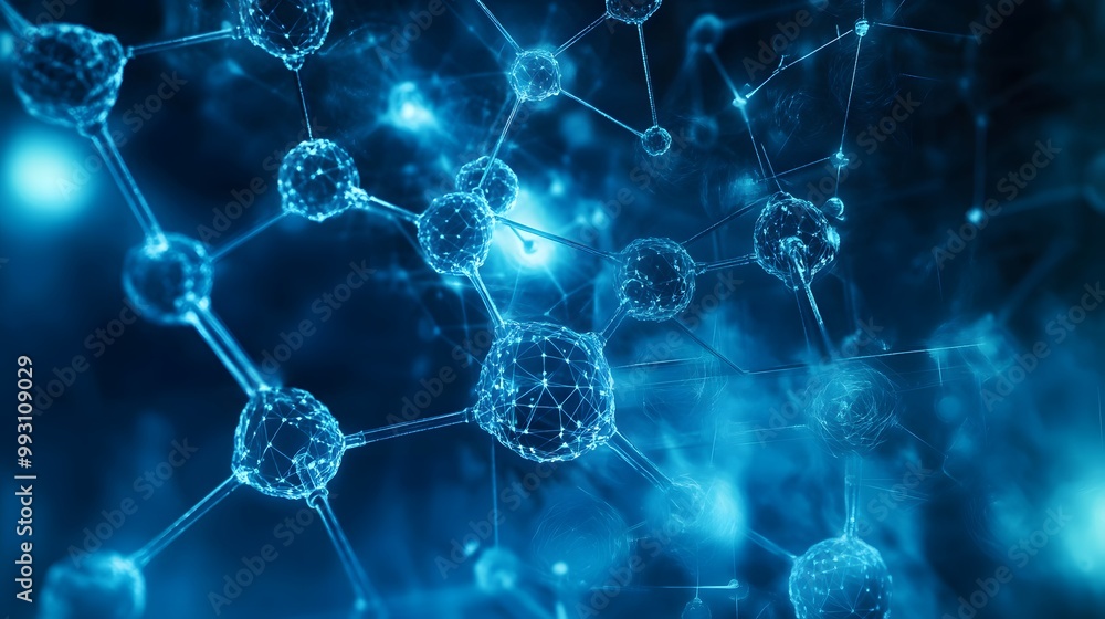 Poster abstract blue molecular structure with interconnected nodes